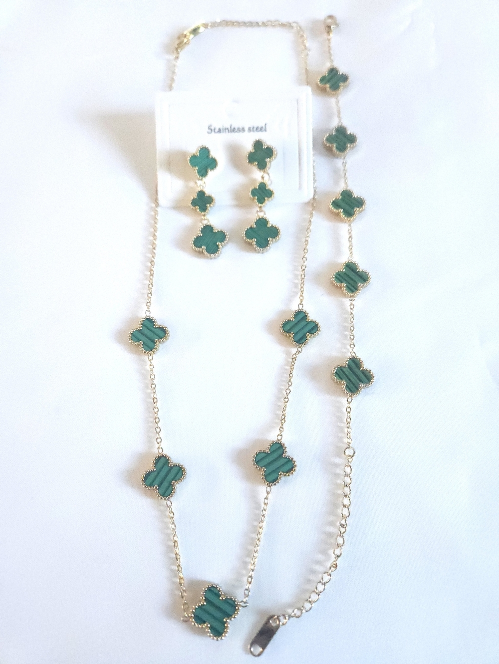 Green Clover-Style Necklace, Bracelet & Earrings Set - Stainless Steel